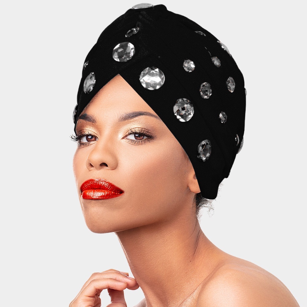 Black Glamorous Diamond Turban Beanie Hat